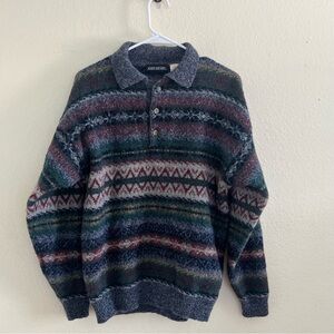 John Henry Vintage Fair Isle Collared Wool Multicolor Pullover Sweater Size L